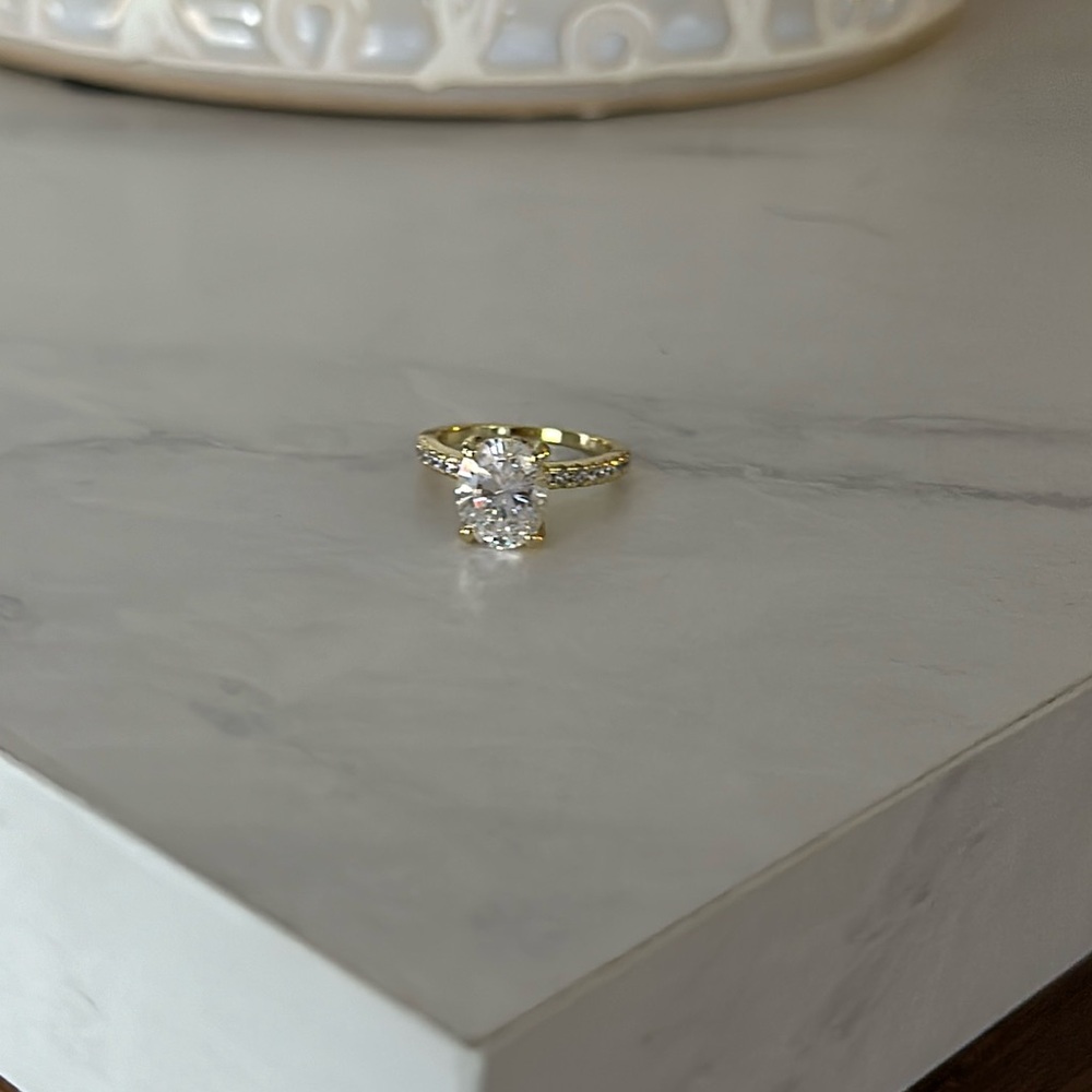 Oval with Halo shape CZ, gold engagement ring